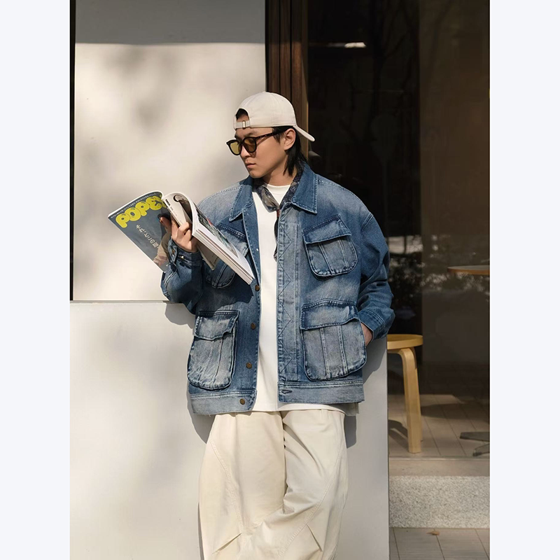 复古工装多口袋牛仔外套夹克男