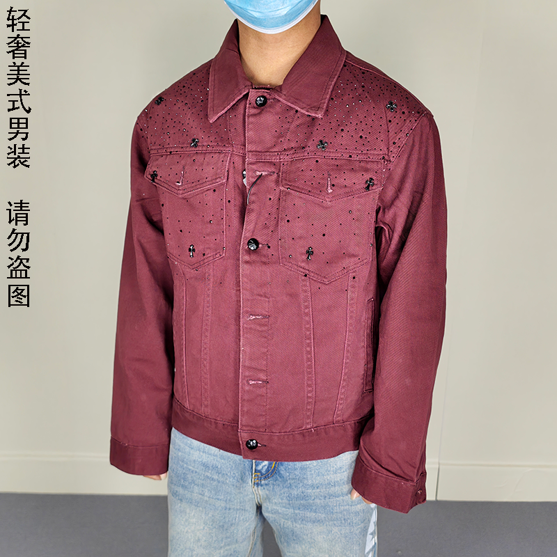 【日本冈山】美式复古重工满天星烫钻十字架牛仔外套男设计感夹克,男装,牛仔外套,淘宝优惠券,粉丝福利购,淘宝优惠卷