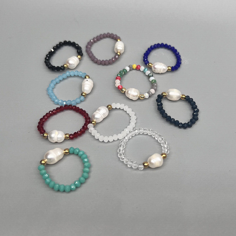跨境热卖款气质INS风淡水珍珠戒指 彩色琉璃串珠弹力松紧戒子