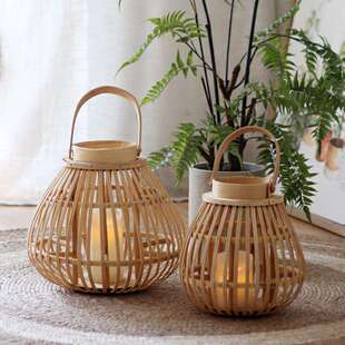 复古竹编风灯手提灯烛台样板间花园庭院桌面摆件灯笼新中式蜡烛