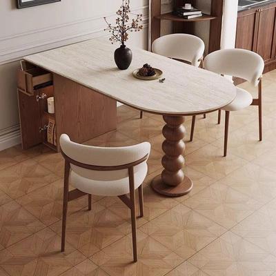 法式复古实木可折叠餐桌家用中古风椭圆形饭桌洞石岩板餐桌椅组合