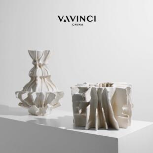 梵其现代简约米白色艺术网格陶瓷花器样板房花瓶摆件客厅家居软装