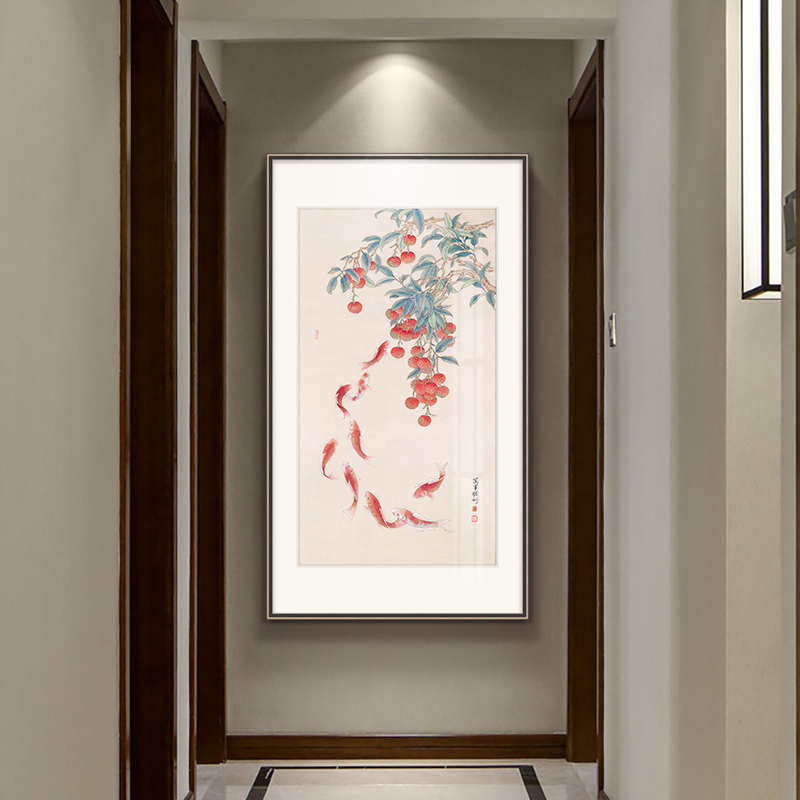 富贵九鱼图新中式玄关画荷花入户迎门画竖版装饰画牡丹挂画工笔画