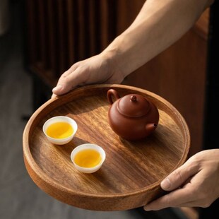 胡桃木零食实木木质收纳圆形茶盘托盘家用托盘 果盘咖啡盘子日式