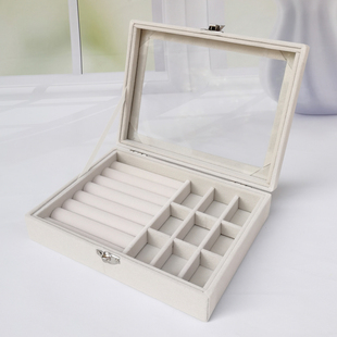 透明翻蓋米色小號(hào)絨布首飾盒飾品耳釘耳環(huán)耳墜戒指項(xiàng)鏈格子收納盒