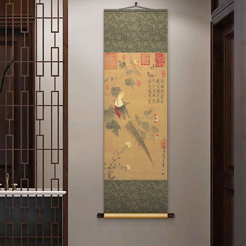 中式餐厅玄关复古卷轴挂画赵佶芙蓉锦G鸡图国画竖版客厅书房装饰图片