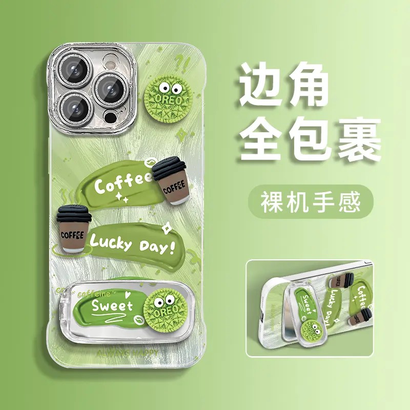 咖啡煤球饼干适用苹果15pro手机壳十五iPhone16/14/13Promax情侣12可爱11羽纱无边框镜子xs火7/8/6plus套max