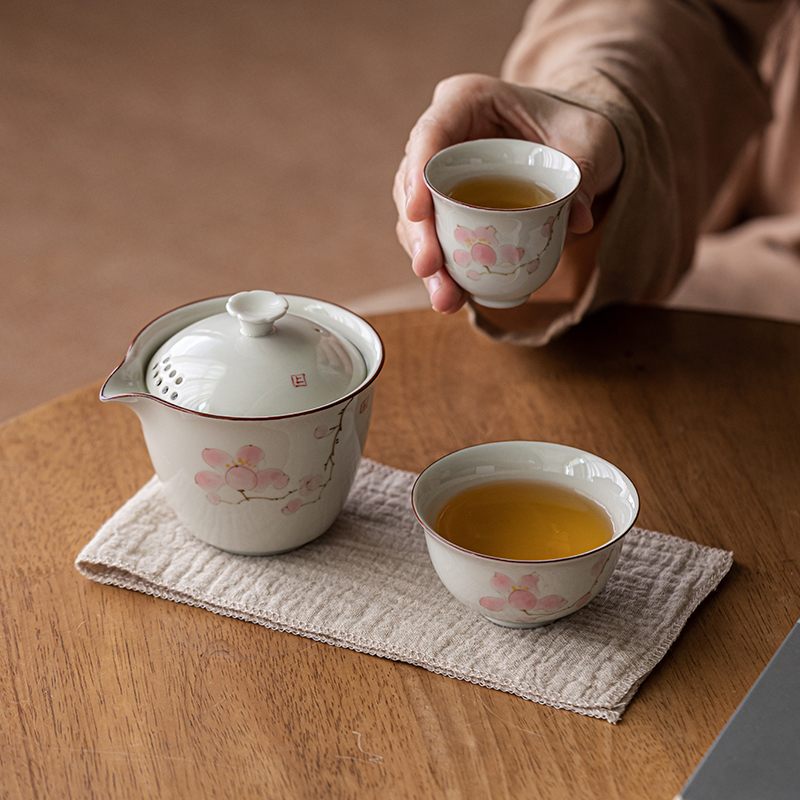 画续草木灰手绘梅花快客杯一壶二杯功夫旅行茶具便携式收纳包旅游