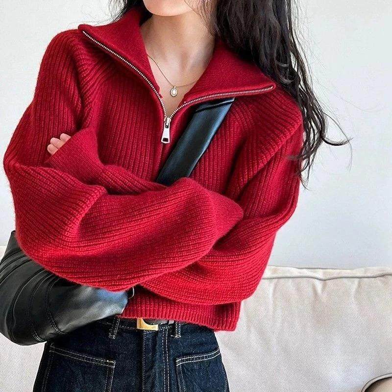 南乡短款慵懒风小个子半拉链高领毛衣女秋冬针织衫外穿宽松上衣潮