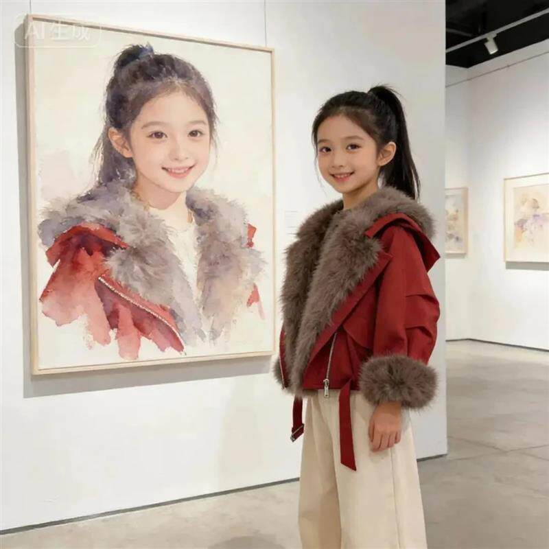 春瑞阁女童冬装加绒加厚毛毛外套冬季新款洋派韩版毛茸茸夹克外套