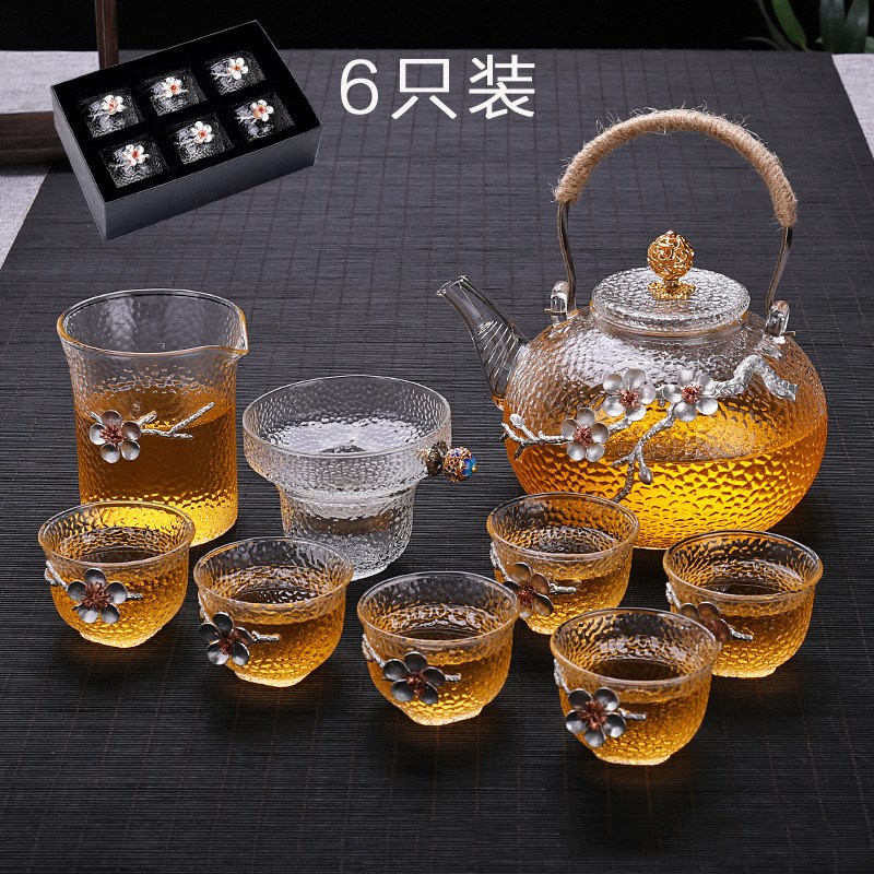 立体纯锡梅花耐热玻璃茶壶套组煮茶锤纹可加热大容量烧水泡茶