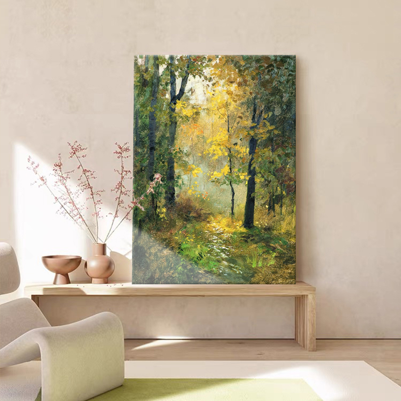 欧式绿色森林风景纯手绘油画客厅装饰画卧室玄关手工丙烯肌理挂画图片