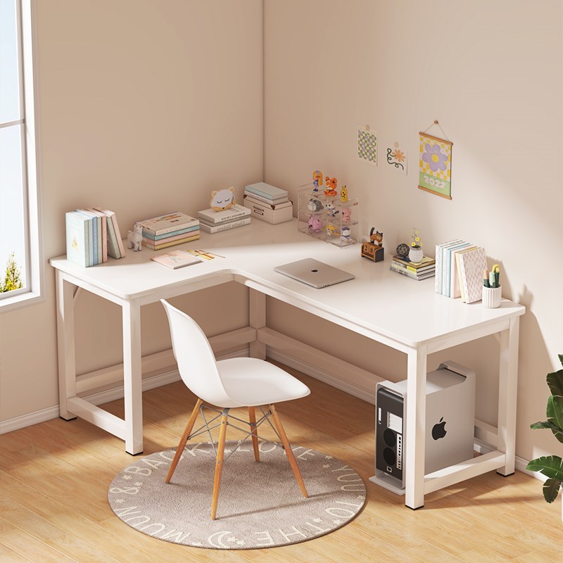 转角书桌书架一体L型学生家用学习桌卧室拐角带洞洞板白色电脑桌