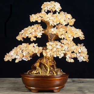 天然黃水晶發(fā)財樹搖錢樹擺件手工編織招財喬遷新居客廳送禮裝 飾品