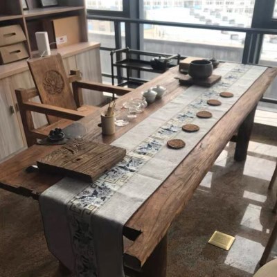 新中式老榆木公茶桌公室老榆木大板桌家用茶室原木整板茶桌椅