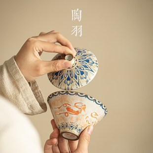 仿宋汝窑敦煌飞天斗笠三才盖碗防烫家用功夫茶具大容量陶瓷泡茶碗