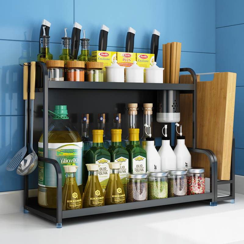 黑色不锈钢厨房置物架桌面调味料收纳架多功能刀架用品家用省空间