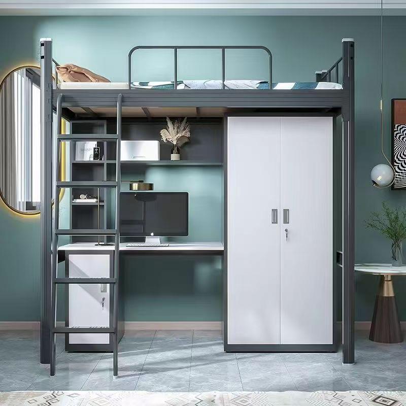 公寓床上床下桌单人床宿舍高架床落地爬梯铁艺架子双层员工寝室床