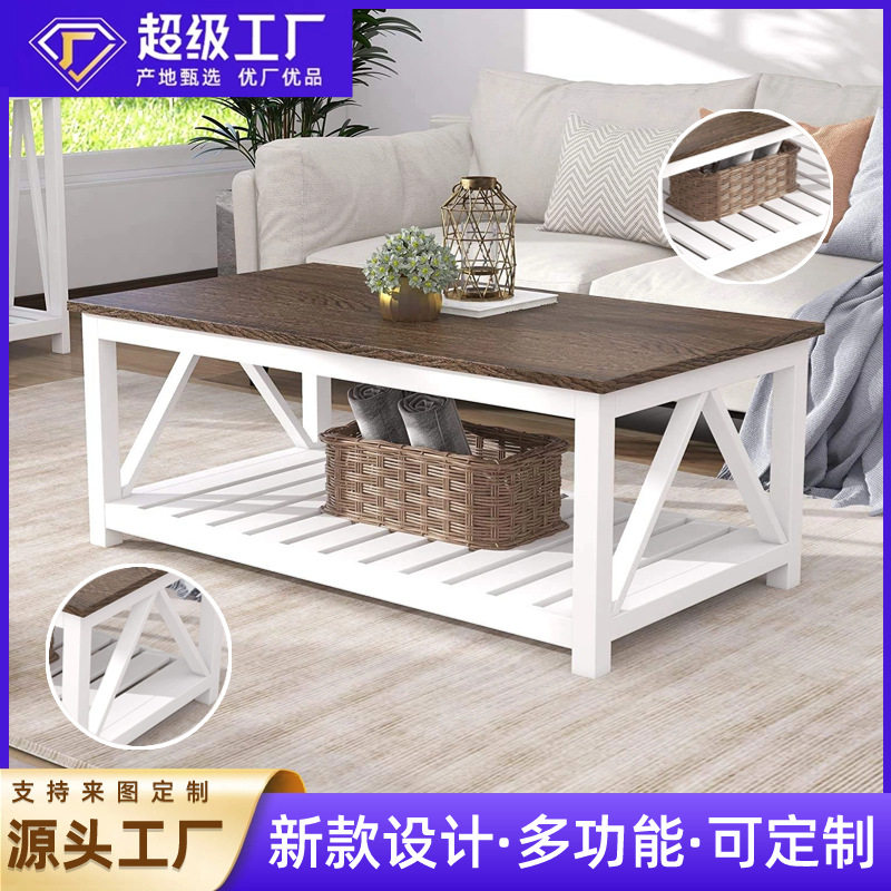 跨境热销美式乡村茶几小户型复古茶桌方形简约实木餐桌铁艺咖啡桌