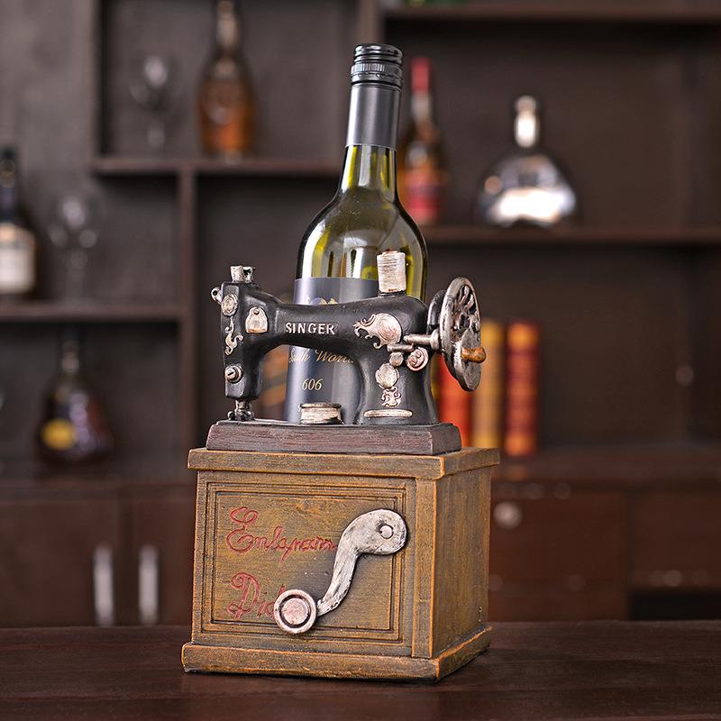 仿古做旧树脂工艺品摆件软装家居饰品缝纫机造型红酒架橱窗摆设