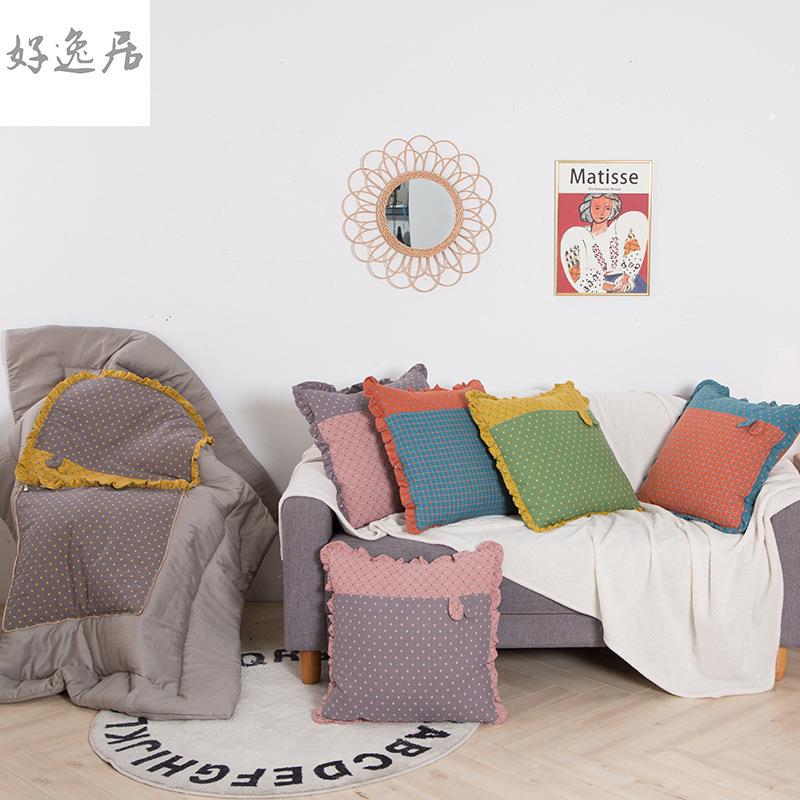 拼色格纹兔耳荷叶边放心抱枕午睡盖被车载家用抱枕被厂家现货销售