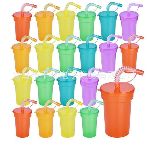 亚马逊爆款PP可伸缩吸管塑料杯6色彩虹吸管杯饮料果汁杯儿童夏季