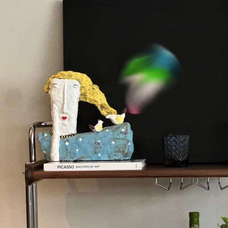 现代简约诧寂风手绘陶瓷人鸟雕塑摆件桌面软装摆件样板间饰品茶几