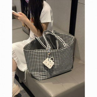 2025新款帆布包慵懒通勤格子托特包黑白格子大容量上课单肩购物袋