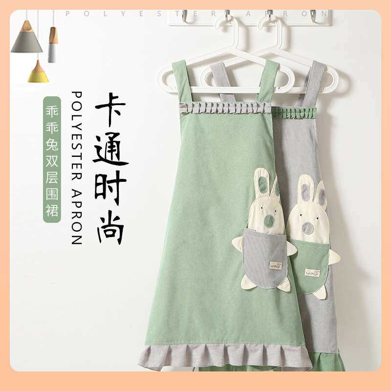 ⊕韩版时尚可爱条绒围裙女家用厨房新款做饭防油防水背带围裙工作