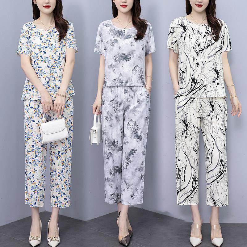 棉绸套装女夏季中老年妈妈时尚可外穿碎花人造棉家居服睡衣两件套