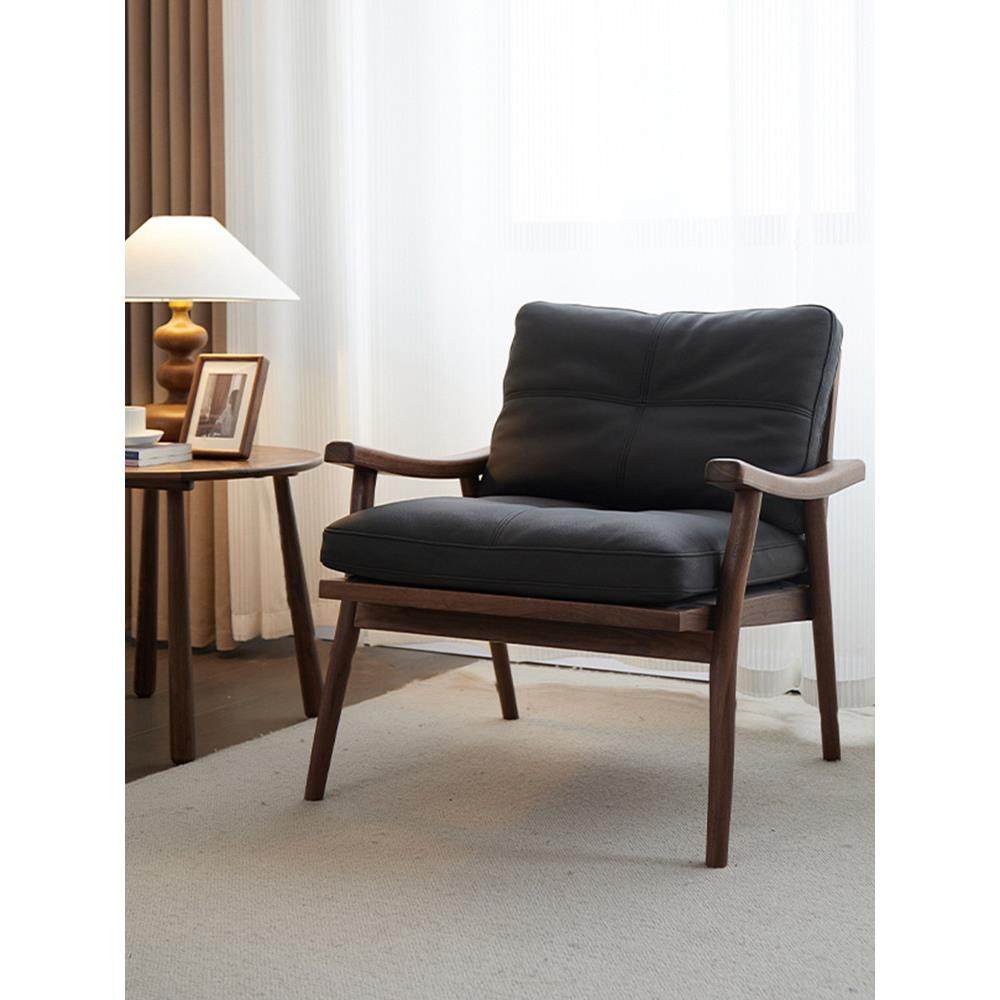 北欧覆古休闲椅真皮实木单人沙发椅学习客厅简单椅设计师扶手椅