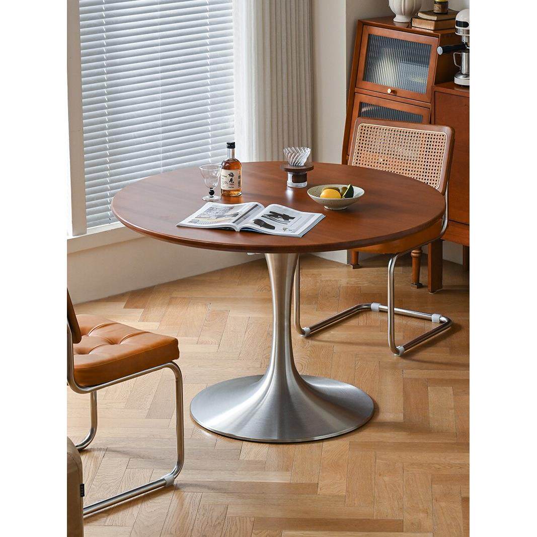 北欧实木中古圆形餐桌椅家用小户型黄杨木法式覆古郁金香轻奢圆桌