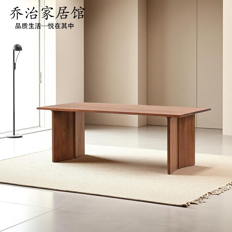 缅甸瓦城柚木餐桌意式极简长方形原木书桌中古风茶桌会议室办公桌