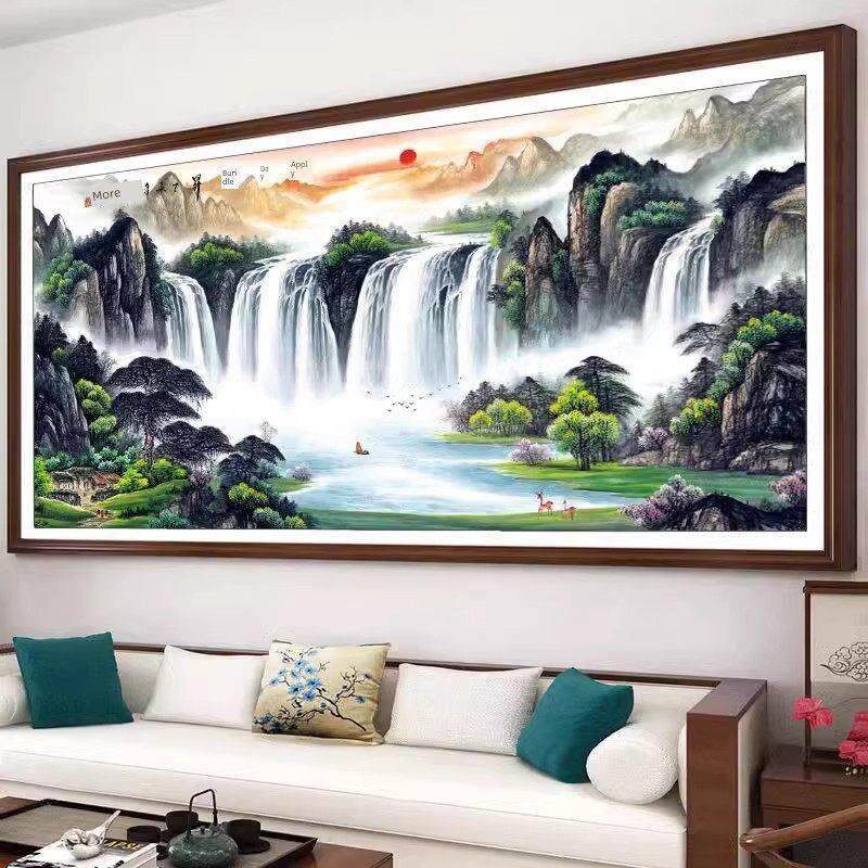 朝日东升财富版纯手工十字绣成品新客厅书房山水山水画已绣