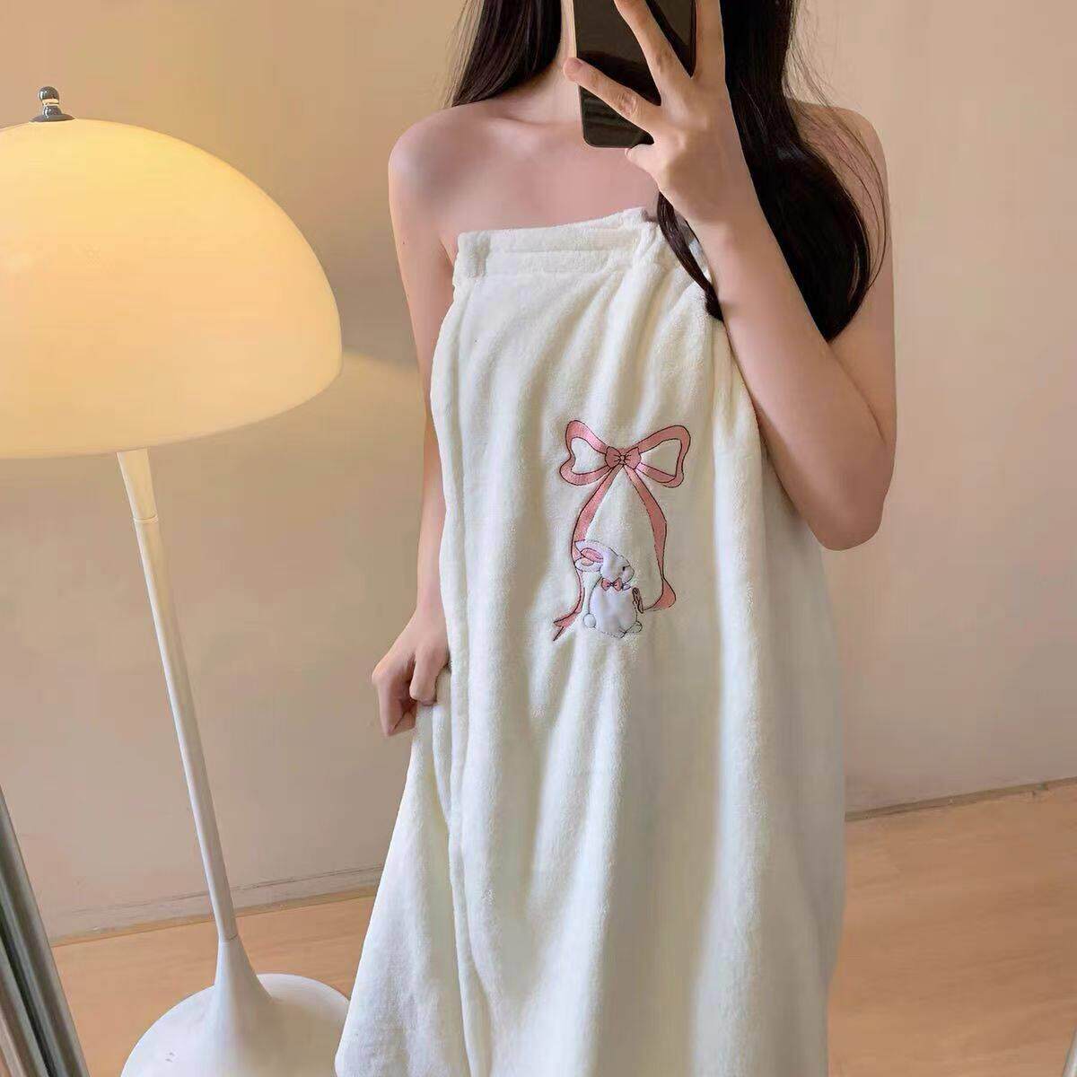 可爱蝴蝶结小兔浴巾浴裙吸水速干不掉毛洗澡可裹浴裙干发帽新款