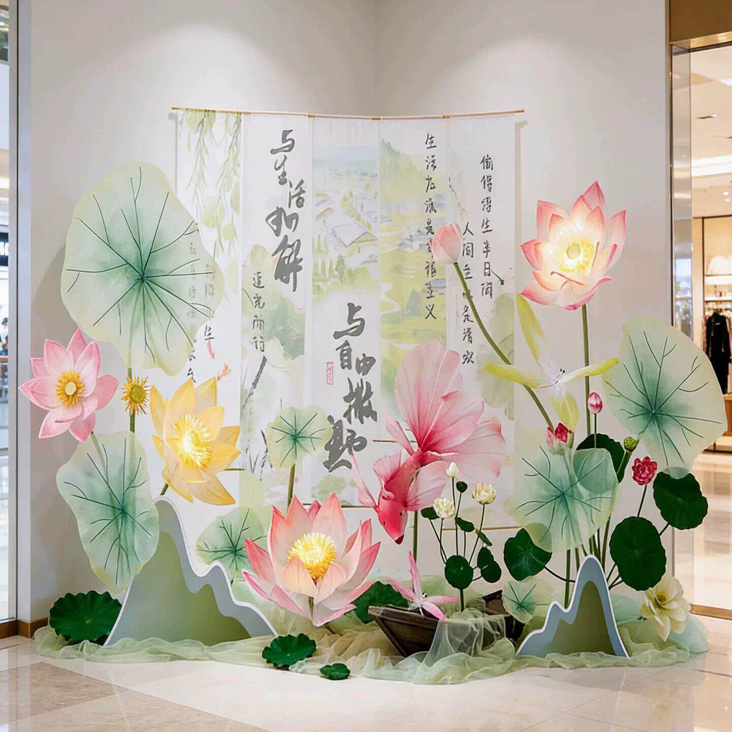 夏日中式古风荷花落地摆件商场商业场景布置仿真花花艺景观美陈