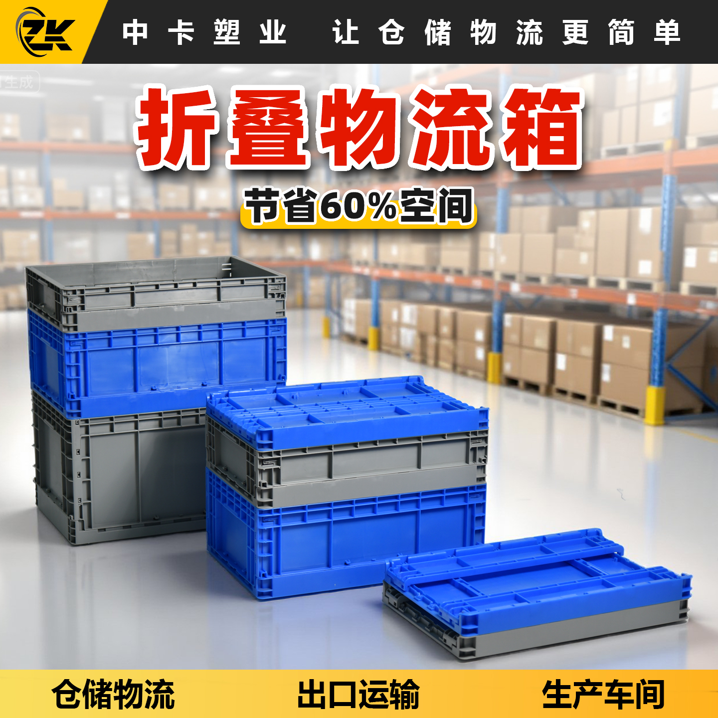 折叠物流箱收纳箱加厚底部周转储物箱堆叠仓储物流配送出口专用箱