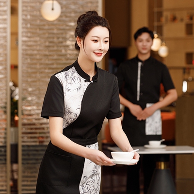 高档酒店餐饮服务员工作服女短袖中餐厅茶楼宴会火锅饭店工装定制