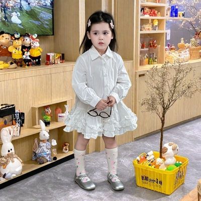 2025春季新款韩版女童白色Polo翻领衬衫连衣裙女宝花边长袖公主裙