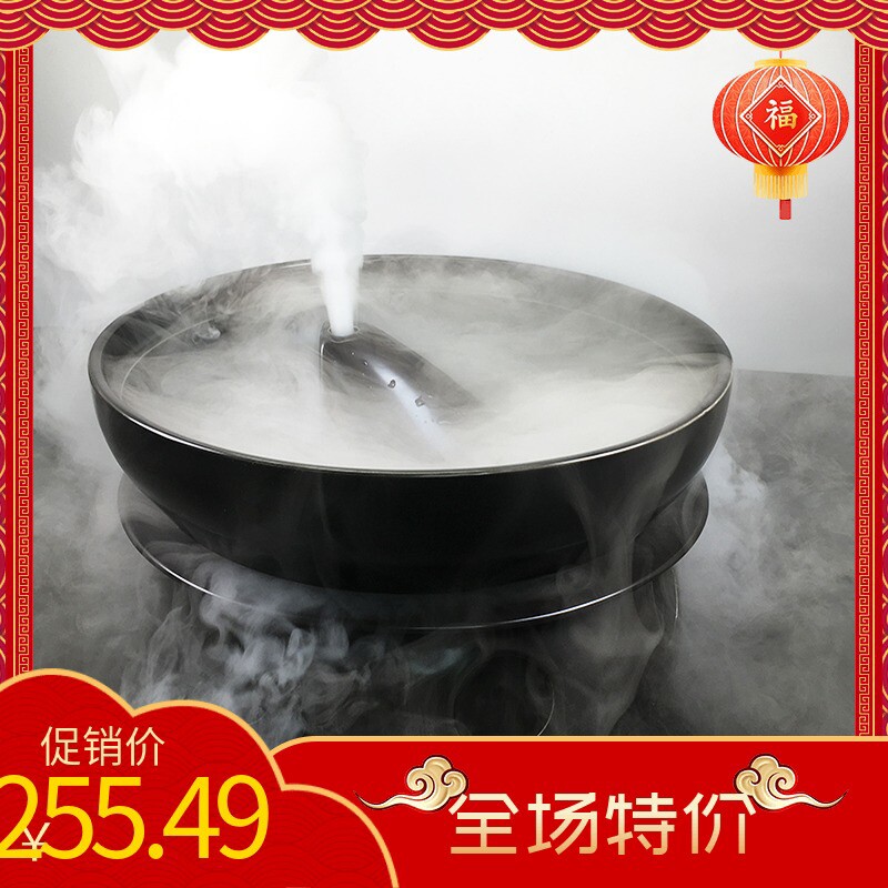 黑色陶瓷鱼头汽锅特色干冰圆形意境菜 高档餐厅大器皿鱼头盘餐具