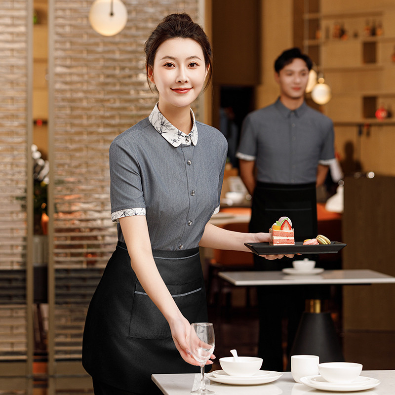 餐饮服务员工作服短袖女酒店餐厅饭店前厅奶茶蛋糕店定制工服套装