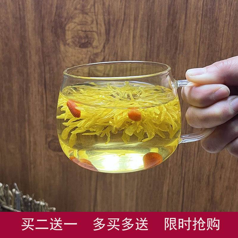 玻璃杯子透明家用泡茶茶杯耐热喝水圆趣花茶杯大肚玻璃杯菊花水杯