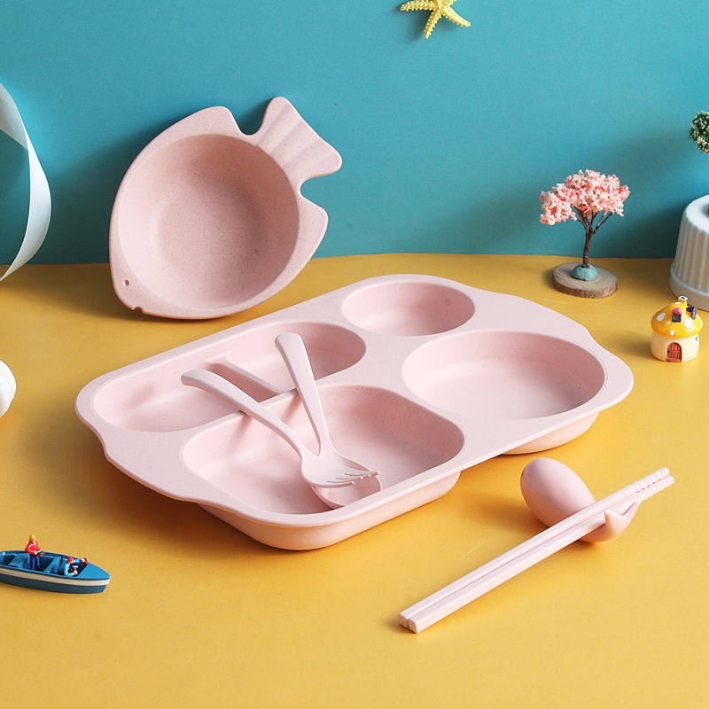 小麦秸秆儿童分格餐盘带碗勺餐具套装宝宝小孩幼儿园餐厅饭盘