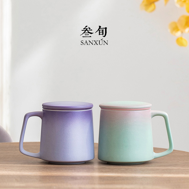 叁旬印象泡茶马克杯创意陶瓷茶水分离带盖办公室过滤水杯情侣