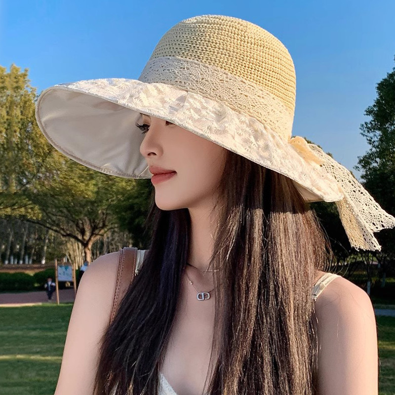 大帽檐草帽遮阳帽女防晒防紫外线夏季黑胶渔夫帽透气可折叠太阳帽