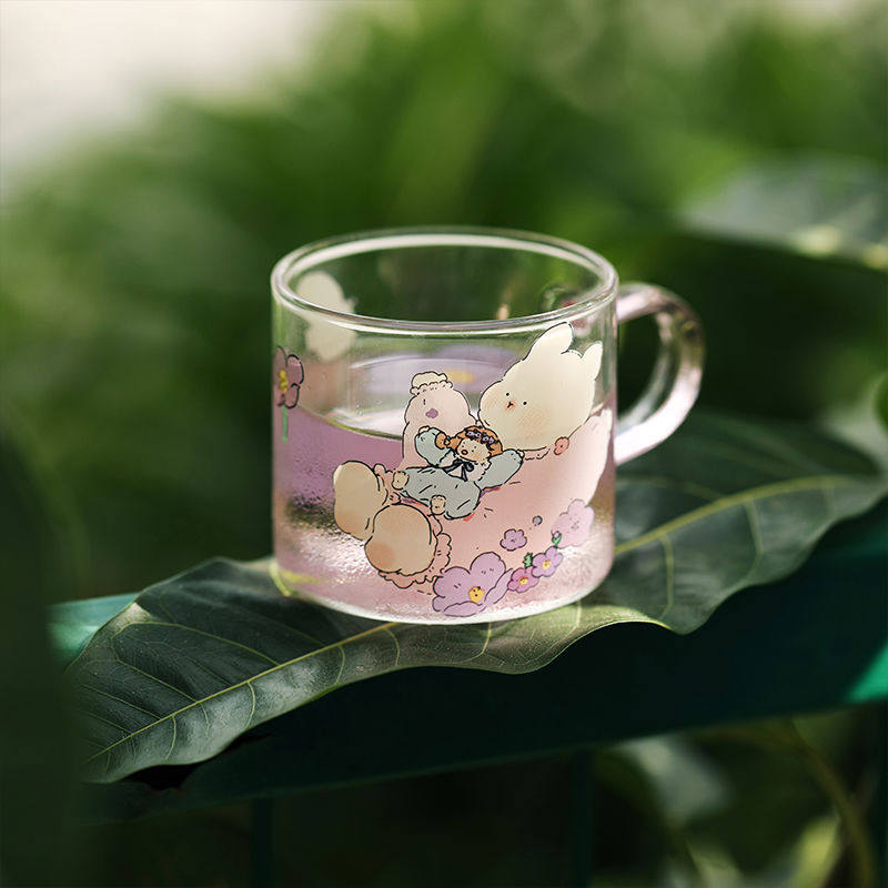 蓝莲花羡鸟文社高硼硅玻璃杯子带把手酒杯小茶杯儿童家用迷你