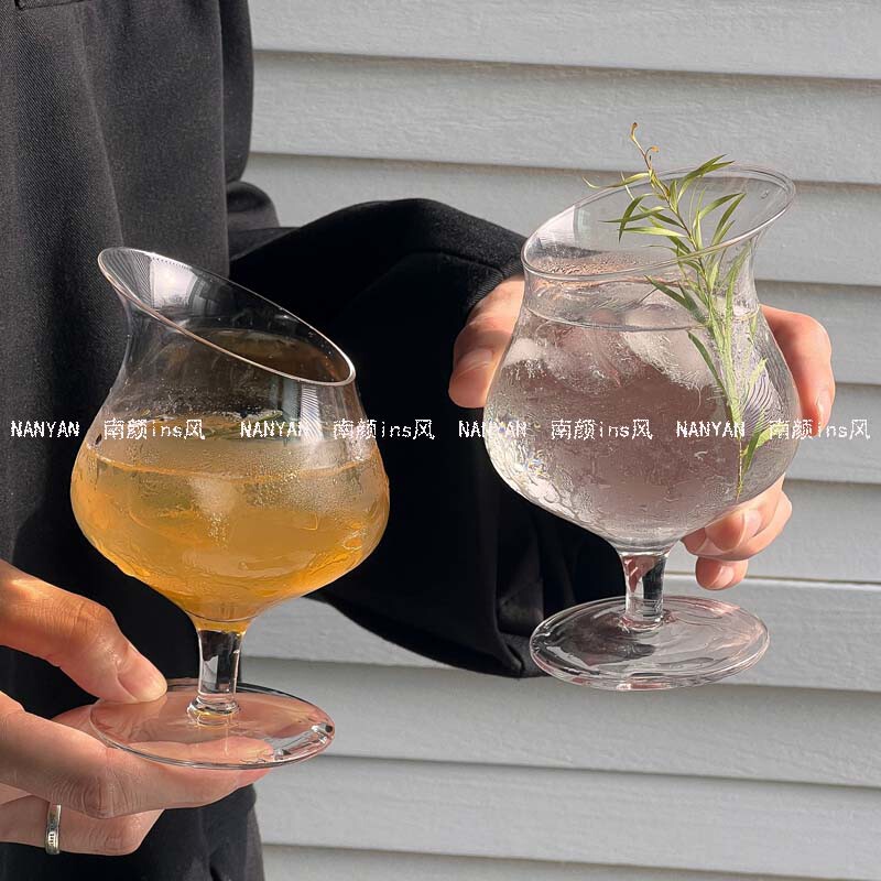 ins风斜口高脚玻璃杯冰美式拿铁咖啡杯创意鸡尾酒杯特调饮