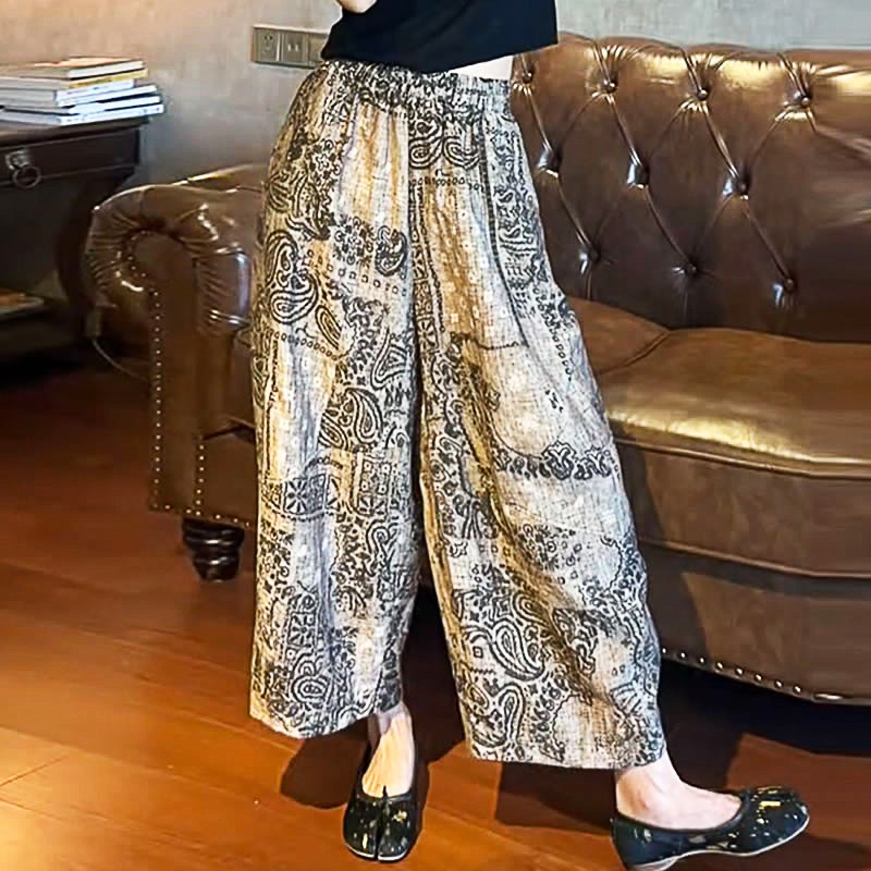 2025年夏季新款复古印花薄款宽松阔腿弯刀裤高腰休闲气质百搭长裤