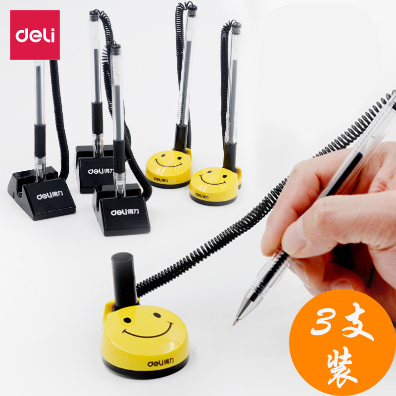 qd得力带线台笔创意办公签字笔前台固定笔座粘在桌子上的笔电话线