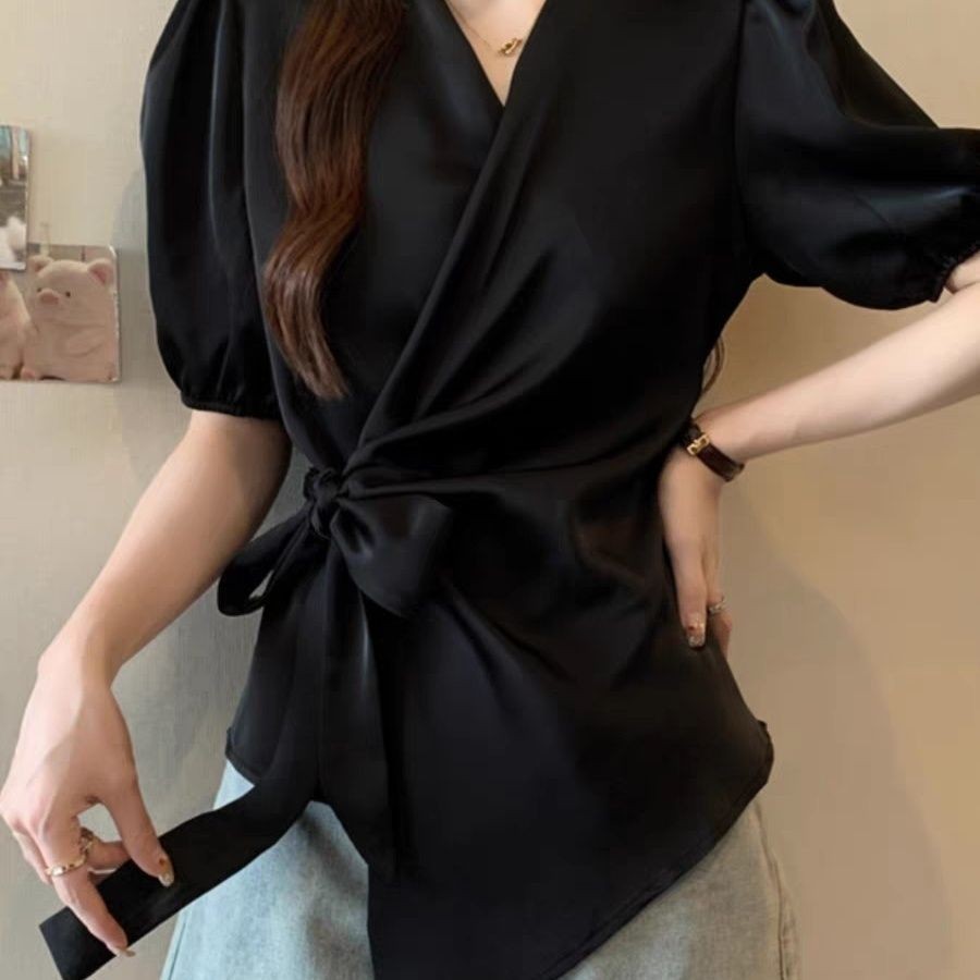 醋酸缎面领衬衫女高级感时尚洋气交叉绑带衬衣成熟御姐上衣法式